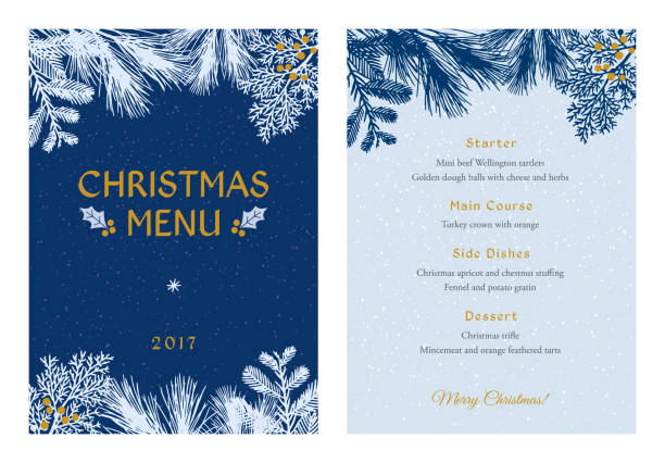 Christmas Menu with White Evergreen Silhouettes. Christmas Menu with White Evergreen Silhouettes - Illustration champagne borders stock illustrations