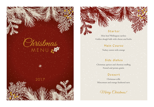 Christmas Menu with White Evergreen Silhouettes.