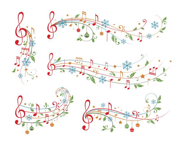 Christmas musical decoration elements. Winter holiday dividers. Christmas decoration elements form musical notes, holly leaves and snowflakes. Winter holiday dividers. Color variant christmas ornament shape stock illustrations