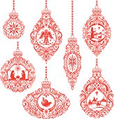 A Set of highly stylized Christmas Ornaments with Nativity Scenes.  http://i483.photobucket.com/albums/rr191/pjdesigns/Christmas.jpg 