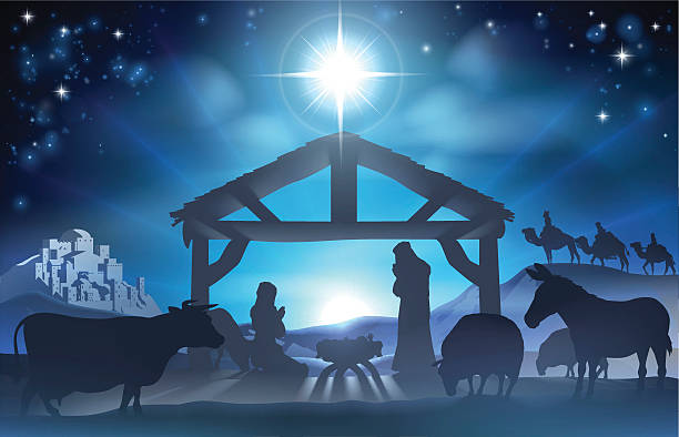 Christmas Nativity Scene Traditional Christian Christmas Nativity Scene of baby Jesus in the manger with Mary and Joseph in silhouette surrounded by the animals and wise men in the distance with the city of Bethlehem christmas story telling stock illustrations