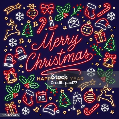 istock Christmas neon sign with neon text Merry Christmas and neon Christmas icon. 1353229415