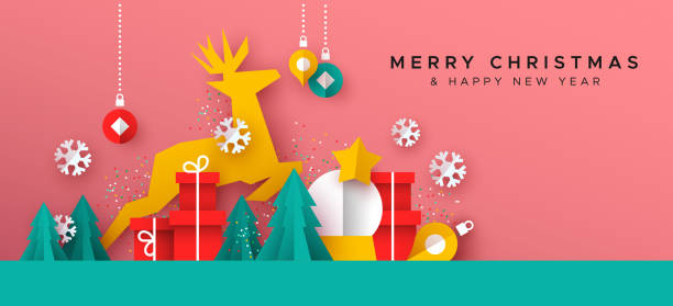 종이 컷 장난감 풍경의 크리스마스 새해 카드 - 도시를 벗어난 장면 stock illustrations