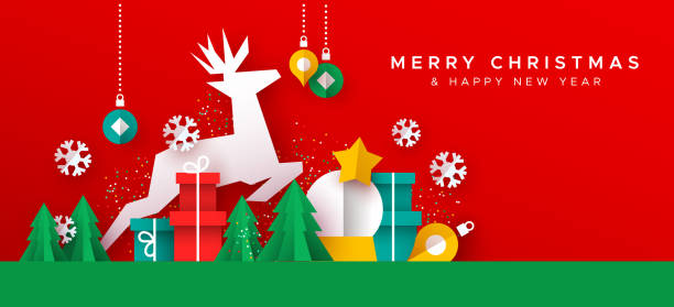 ilustraciones, imágenes clip art, dibujos animados e iconos de stock de navidad año nuevo tarjeta de papel cortado paisaje de juguete - christmas presents