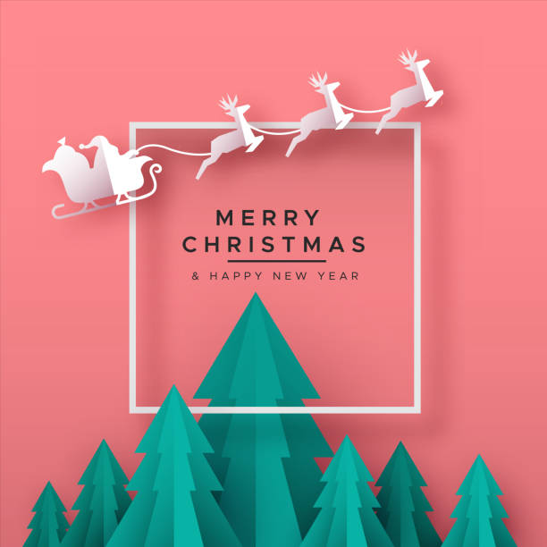 ilustraciones, imágenes clip art, dibujos animados e iconos de stock de navidad año nuevo tarjeta de bosque festivo de papel cortado - estación entorno y ambiente