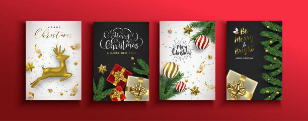 ilustraciones, imágenes clip art, dibujos animados e iconos de stock de navidad año nuevo juego de cartas de oro 3d ornamentos - christmas card