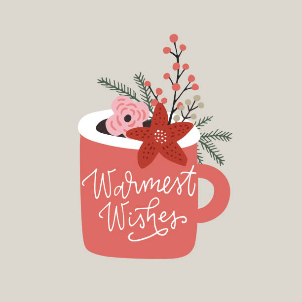 ilustrações de stock, clip art, desenhos animados e ícones de christmas, new year greeting card, invitation. handwritten warm wishes text. hand drawn cup of tea or coffee decorated by holly berries, flowers and fir branches. vector illustration, brush lettering. - hot chocolate