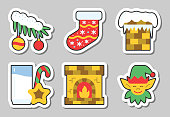 Christmas New Year icon sticker set isolated Vector illustration flat style color patch element collection for badge, web banner, print tag label, poster scrapbook, patchwork fashion pop design
