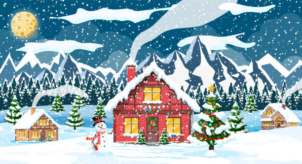 Christmas new year winter landscape Suburban houses covered snow. Building in holiday ornament. Christmas landscape tree spruce, snowman. Happy new year decoration. Merry christmas holiday. New year xmas celebration. Vector illustration christmas lights house stock illustrations