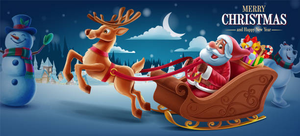 christmas night santa claus delivering gifts on sleigh banner graphic rudolph the red nosed reindeer stock illustrations