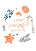 Vector hand drawn Christmas objects set and quote : it’s the most wonderful time of the year. Postcard design template