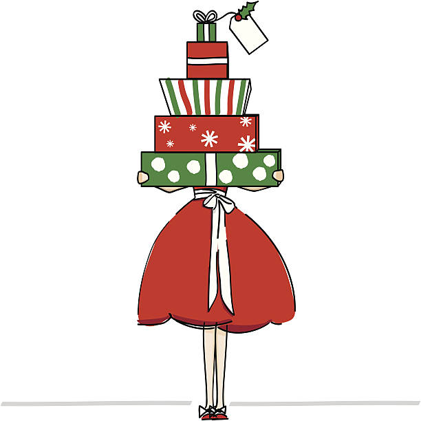 ilustrações de stock, clip art, desenhos animados e ícones de pacotes de natal - woman holding a christmas gift
