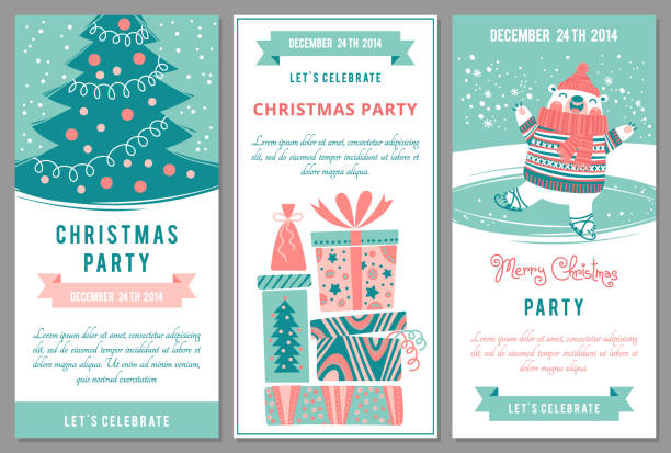 Christmas party invitations in cartoon style. Christmas party invitations in cartoon style. Vector illustration. billboard posting stock illustrations