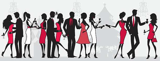 Christmas Party People A group of people at a christmas party. See below for a silhouetted version of this file. All characters on separate layers for easy editing. cocktail silhouettes stock illustrations