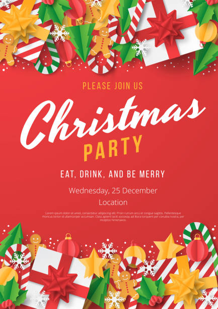 Christmas party poster template with christmas element on red background. Papercut style. Christmas party poster template with christmas element on red background. Papercut style. Vector illustrator candy borders stock illustrations