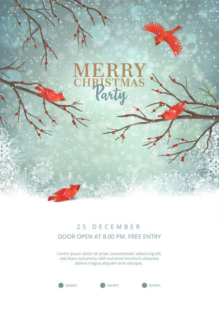 Christmas Party Poster Christmas party poster with typography lettering. Vector winter landscape. Frosty tree and red birds cardinal stock illustrations