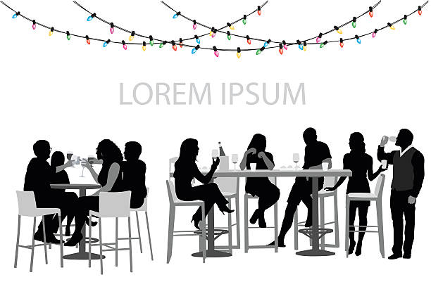 Christmas Party Restaurant A vector silhouette illustration of two groups of young adutls gathering for food and drinks at a local restaurant during the holidays as christmas light hang from above. champagne silhouettes stock illustrations