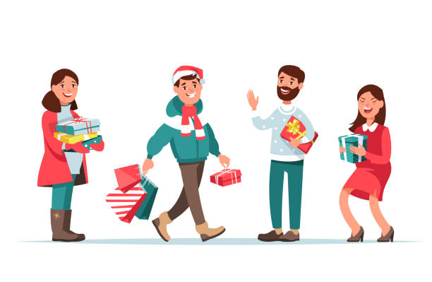 ilustrações de stock, clip art, desenhos animados e ícones de christmas people with gift - woman holding a christmas gift