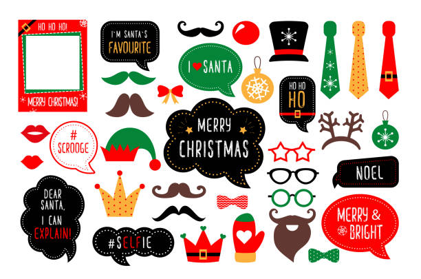 Christmas photo booth props Christmas photo booth props. Santa hat and beard, elf hat, deer, snowman, candy, mustache, lips. Speech bubble merry christmas, believe, grinch, ho ho ho, nice, naughty. Xmas party photobooth funny santa cartoons pictures stock illustrations