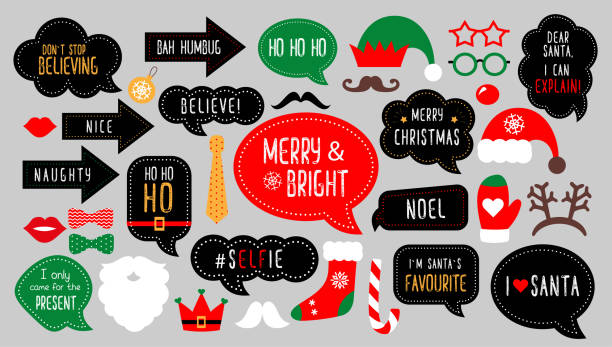 Christmas photo booth props Christmas photo booth props. Santa hat and beard, elf hat, deer, snowman, candy, mustache, lips. Speech bubble merry christmas, believe, grinch, ho ho ho, nice, naughty. Xmas party photobooth funny santa cartoon pictures stock illustrations