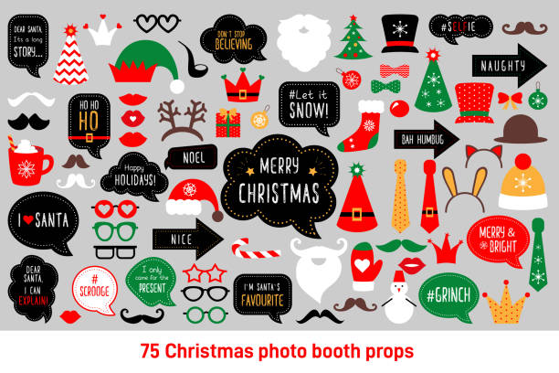 Christmas photo booth props vector set photobooth Christmas photo booth props. Merry christmas party . Red and green cards and speech bubble with funny quotes for christmas. Vector photobooth set: Santa and elf hat, beard, deer, snowman, candy, mustache, lips. funny santa cartoons pictures stock illustrations