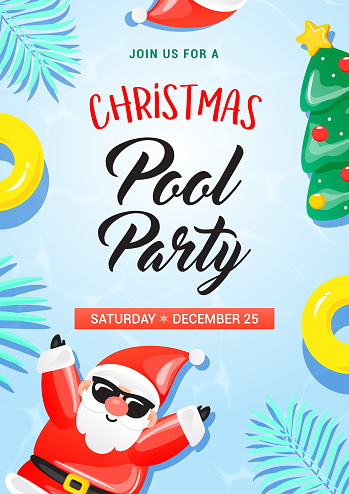 Christmas Pool Party invitation poster vector illustration. Cute Santaclaus with pool floats