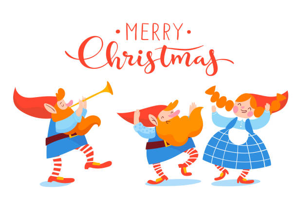 Christmas poster vector design with cartoon leprechauns dancing and playing music Vector Christmas winter poster for holiday season with cartoon gnomes dancing and playing music christmas music background stock illustrations