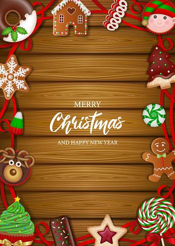 Christmas poster with sweets and red ribbons on wooden background