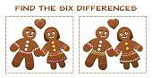 Christmas puzzle, find the six differences. Gingerbread man and woman in love with heart cookie - cute and sweet christmas fun.