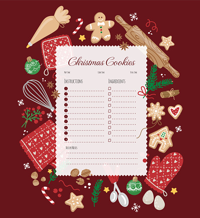 Christmas recipes template with ingredients for Christmas baking and design elements on red background.