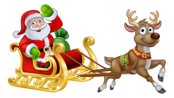 christmas reindeer 2018 B4-02 [Converted] Santa Claus Christmas cartoon character riding in his sleigh pulled by a reindeer rudolph the red nosed reindeer stock illustrations