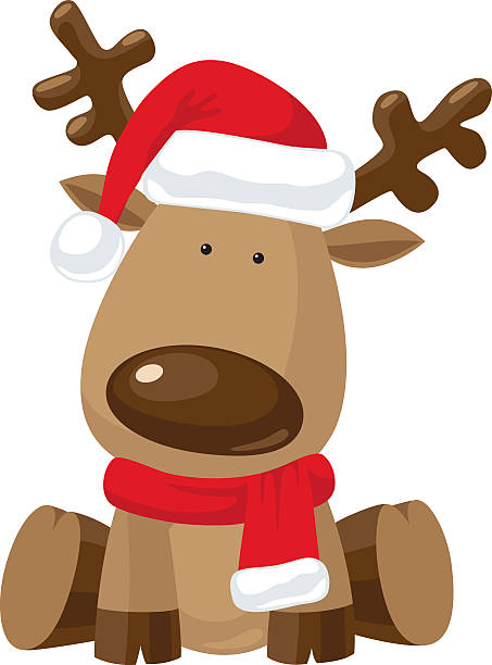 Christmas reindeer in Santa`s red hat Reindeer child sitting in Christmas red hat with red scarf reindeer stock illustrations
