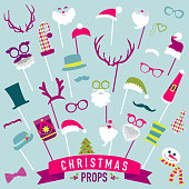Christmas Retro Party set - Glasses, hats, lips, mustaches, masks - Photo booth Props in vector