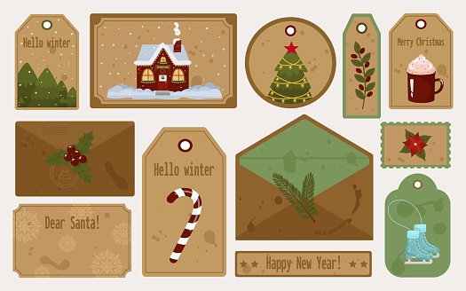 Christmas retro tags, letter and envelope set of festive elements. With inscriptions to Dear Santa, Happy New Year, Hello winter. Vector illustration with spots and scuffs