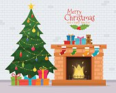 Christmas room interior. Christmas tree and decoration. Gifts and fireplace. Flat style vector illustration.