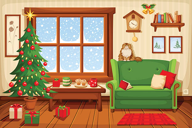bildbanksillustrationer, clip art samt tecknat material och ikoner med christmas room interior. vector illustration. - cat snow