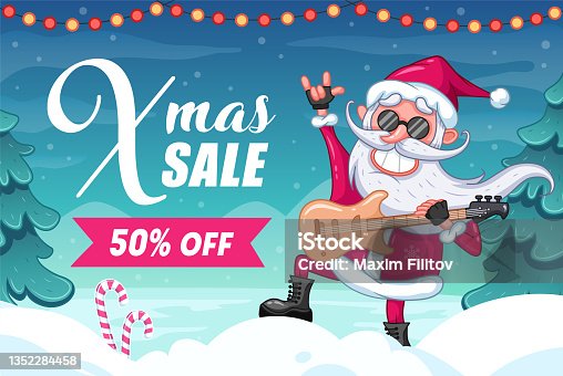istock Christmas sale, advertising banner, cool Santa Claus with electronic guitar 1352284458