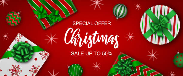 stockillustraties, clipart, cartoons en iconen met kerst verkoop banner met geschenkdozen en kerstballen - christmas presents