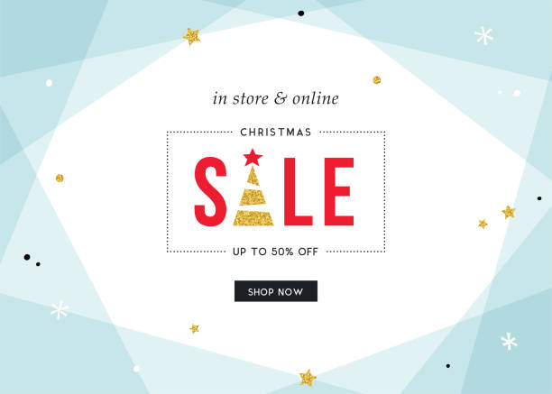 Christmas Sale Banner_10 Merry Christmas Sale banner. Contemporary geometric background with bold typographic design and golden glitter elements. Horizontal template. Vector illustration. Pale Blue. shopping borders stock illustrations