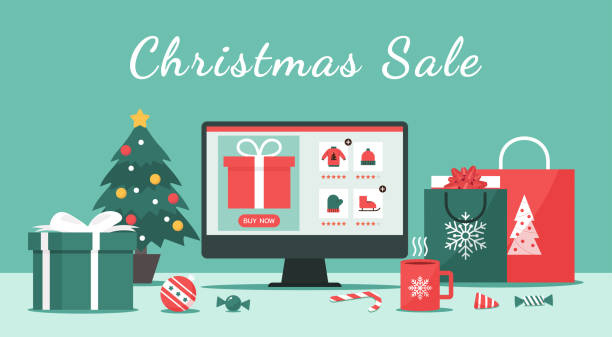 рождественская распродажа онлайн-концепции покупок на экране компьютера с текстом - christmas table stock illustrations