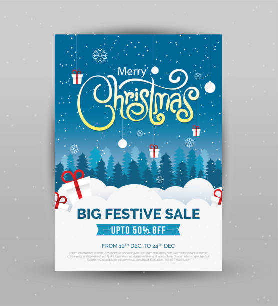 Christmas Sale Poster Design Template Christmas Sale Poster Design Template with 50% Discount Tag - A4 Size Christmas Sale Poster Design Layout Template winter stock illustrations