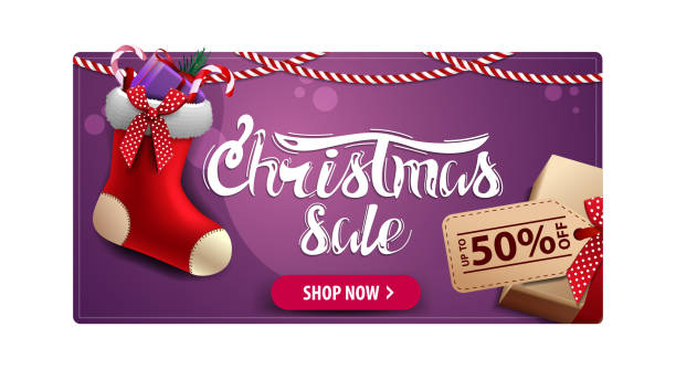 Christmas sale, purple discount card with gift with price tag and Christmas stockings Christmas sale, purple discount card with gift with price tag and Christmas stockings christmas stocking stock illustrations