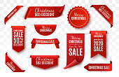 Christmas Sale Tags collection. Red scrolls and banners isolated. Merry Christmas and Happy New Year labels. Vector Price Tags illustration