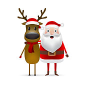Christmas Santa claus and reindeer close up on a white background. Vector illustration for a festive design.