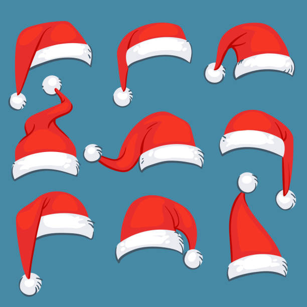 크리스마스 산타 클로스 빨간 만화 모자 고립 된 벡터 세트 - 산타 모자 stock illustrations