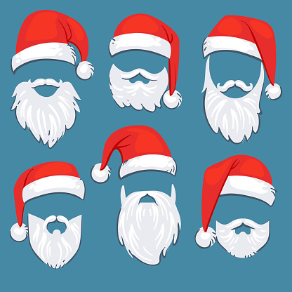 Christmas Santa Claus red hats with white moustache and beards vector set. Santa claus mask with beard for xmas holiday illustration