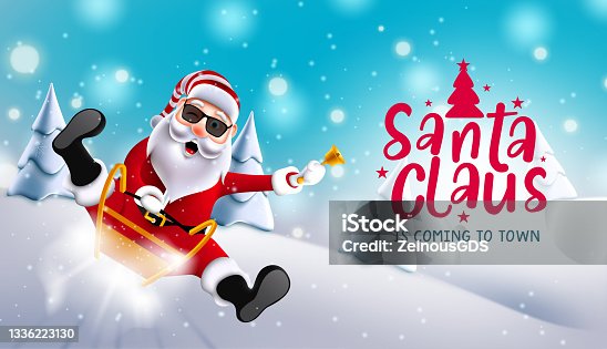 istock Christmas santa vector background design. Santa claus is coming to town text with christmas character sliding and riding sleigh in snow for xmas season celebration. 1336223130