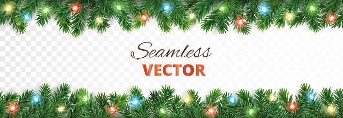 Christmas seamless decoration. Vector tree border with lights.