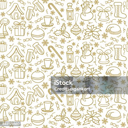 istock Christmas seamless pattern. Silhouettes of golden icons and holiday symbols on a white background. Sketch hand drawing style. Vector 883125660