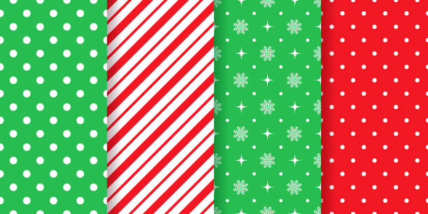 Christmas seamless pattern. Vector illustration. Xmas, new year geometric texture. Christmas seamless pattern. Holiday Xmas, New year textures. Vector. Endless background polka dots, snowflakes and candy cane stripes. Set festive geometric textile prints. Red green illustration candy cane stock illustrations